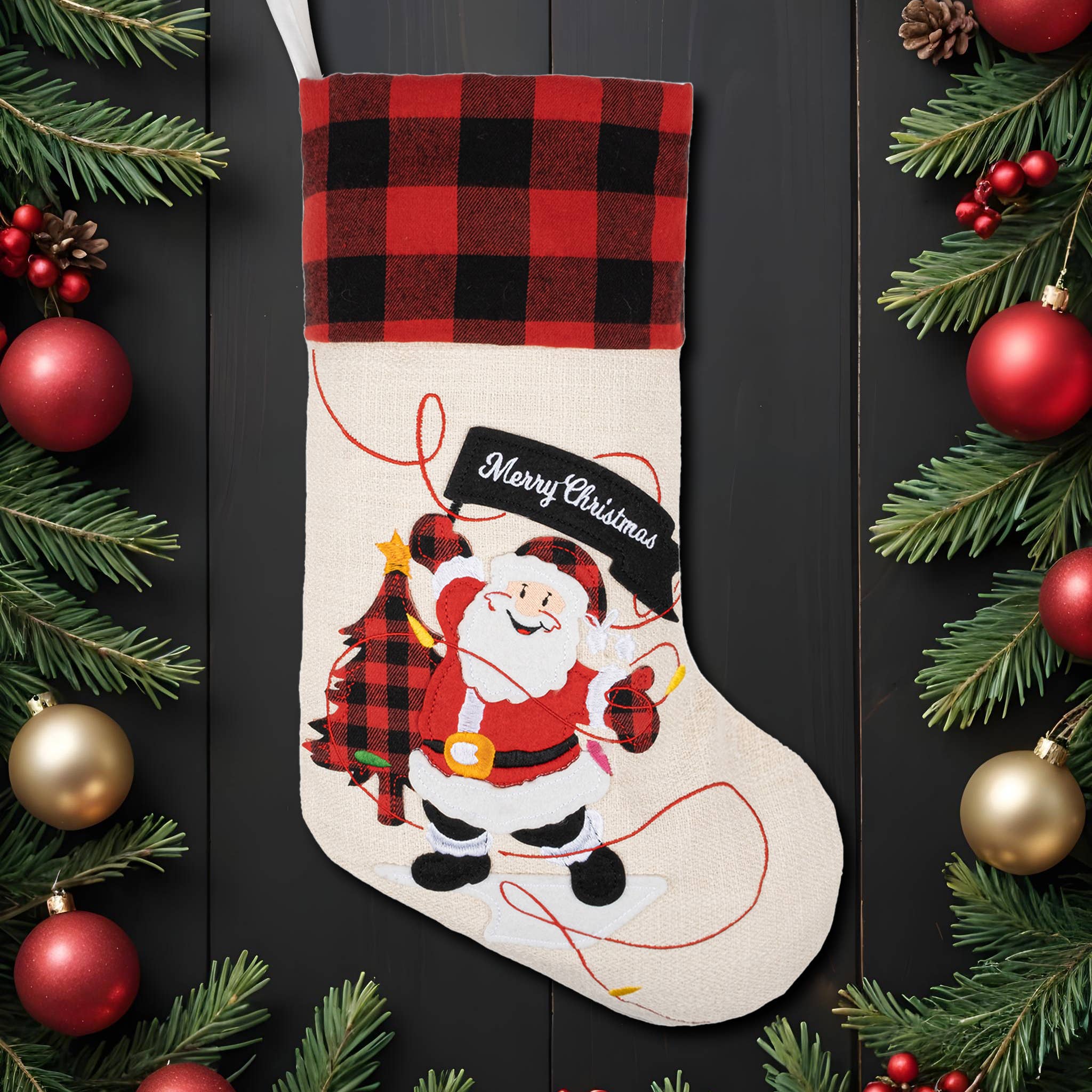 GEXWORLDWIDE - Vente Collants festifs - Bas de Noël à carreaux rouges et noirs brodés1