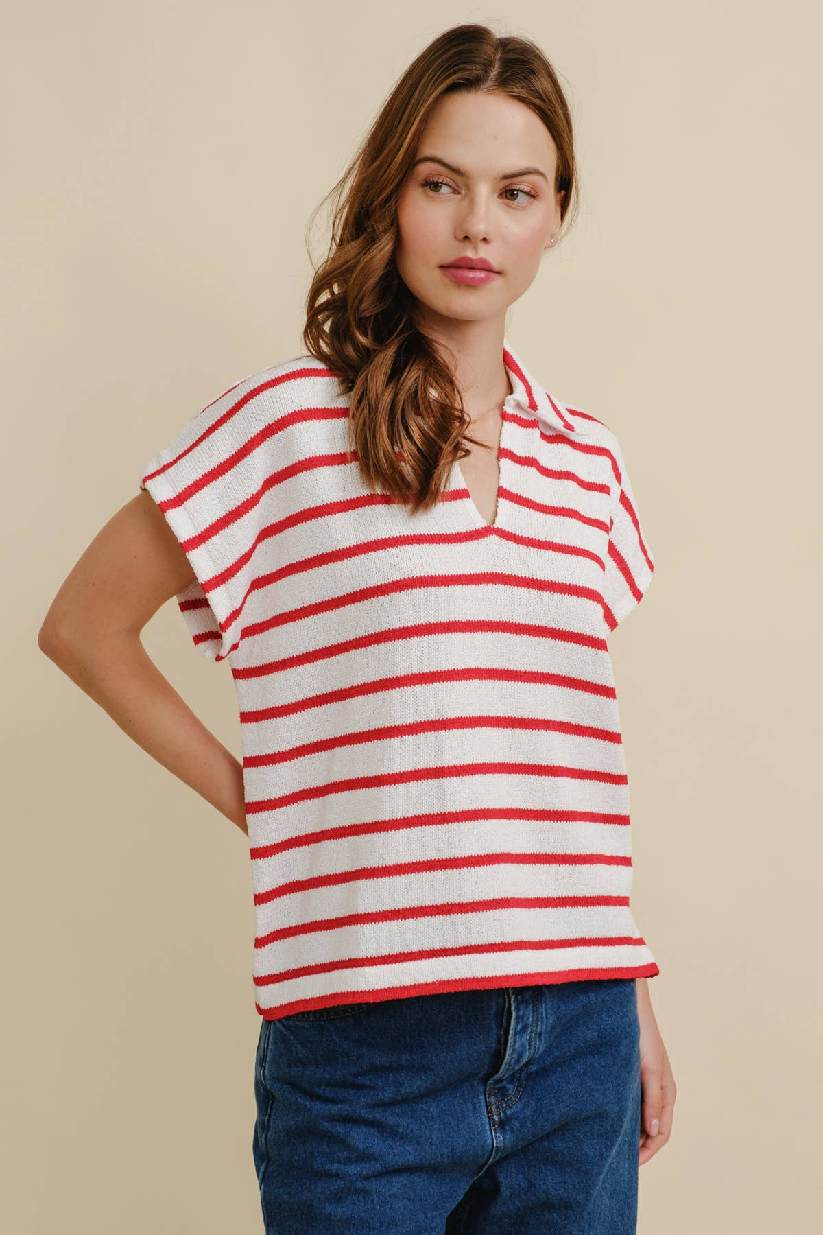 Cloud Ten - Wholesale Knit Top - Women's - CSW18065 - STRIPED COLLARED V NECK TOP8