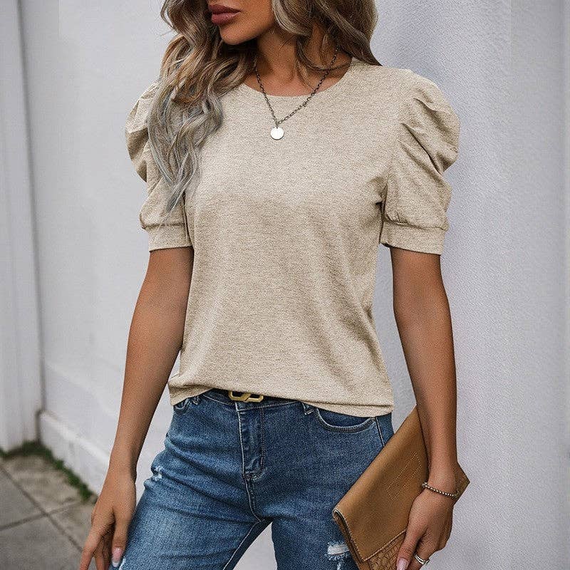 Sheer Trend - Wholesale Blouse - Women's - Solid Color Bubble Short Sleeve T-Shirt4