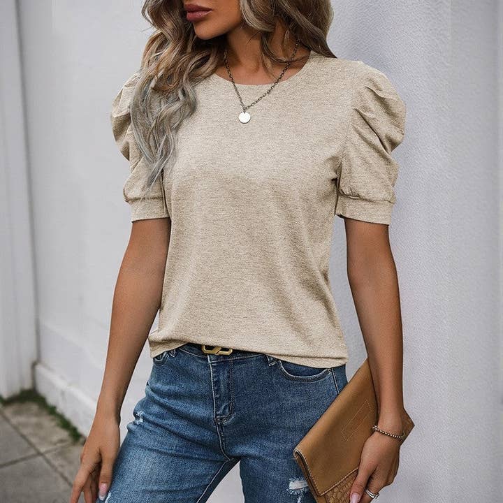 Sheer Trend - Wholesale Blouse - Women's - Solid Color Bubble Short Sleeve T-Shirt4