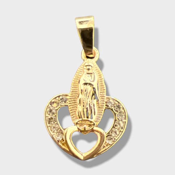 Virgin Guadalupe on Top of Heart Pendant in 18k of Gold Layering for wholesale by Raf Rossi Gold Plated