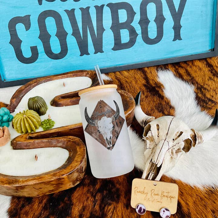 Bicchiere in vetro smerigliato vintage a forma di teschio occidentale da 16 once per la vendita all'ingrosso da parte di Ranchy Roan Boutique