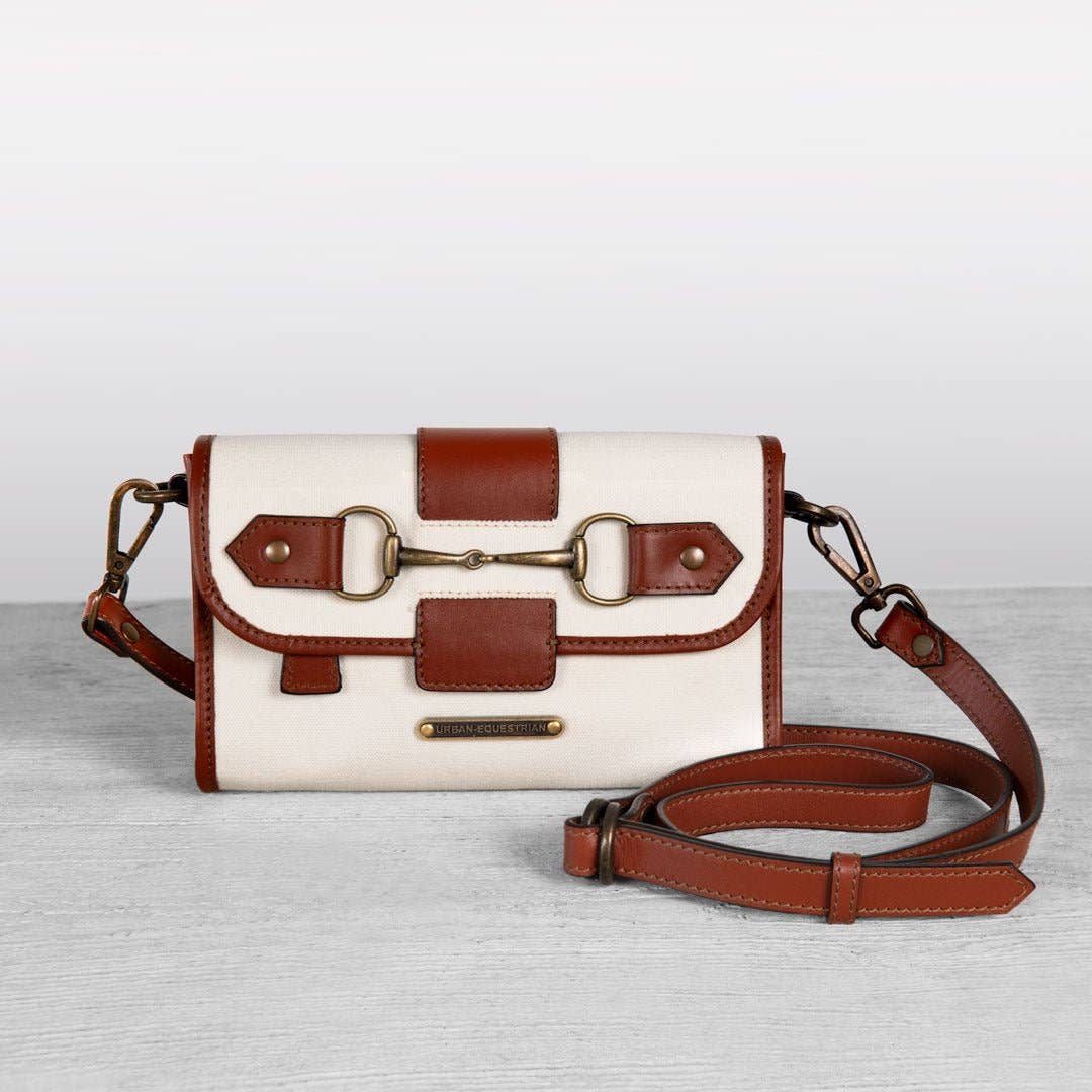 URBAN-EQUESTRIAN - Wholesale Crossbody Bag - Women's - Dalton - Horse Bit Crossbody Luxury Leather Handbag in Cognac on Ivory2