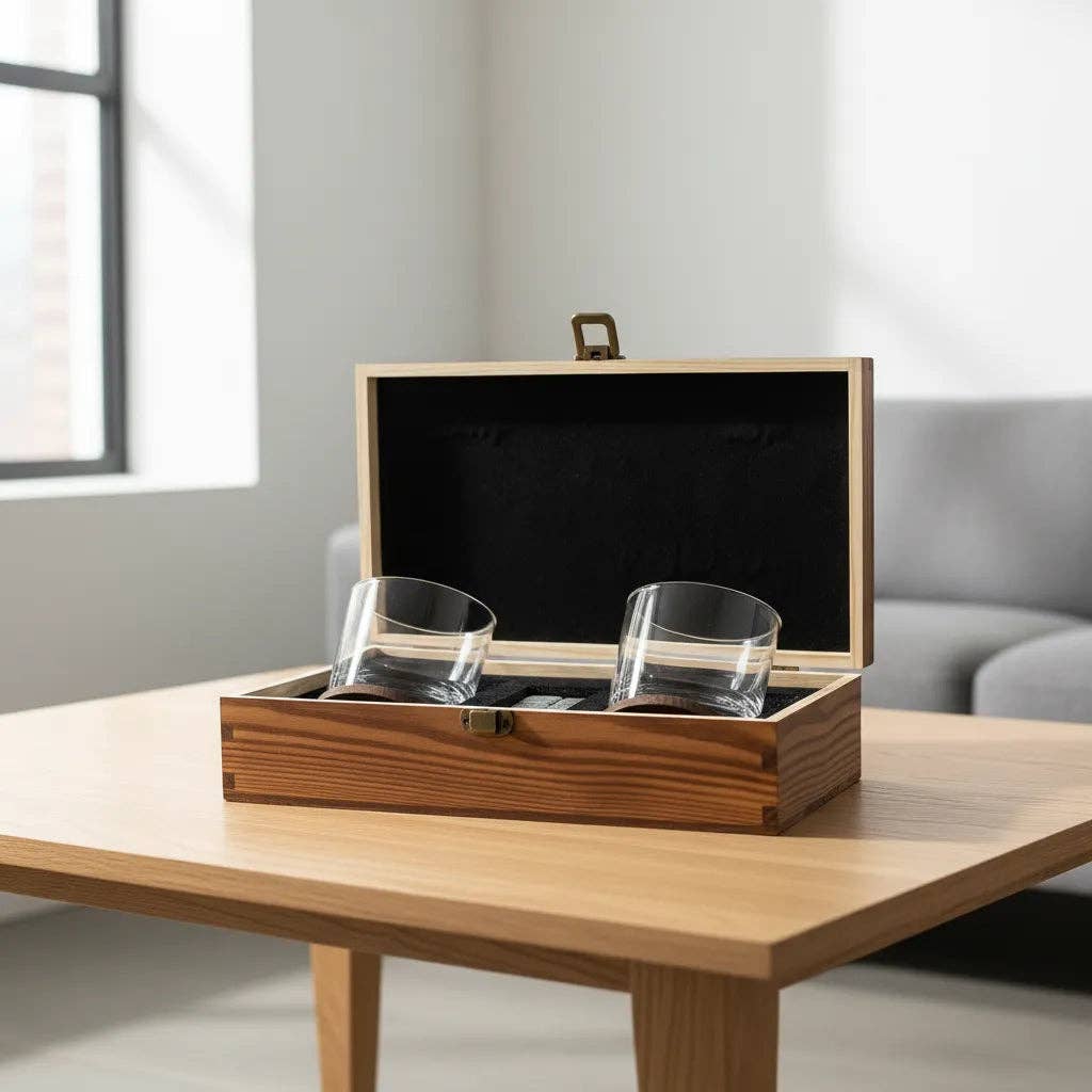 MB Brands Inc - Wholesale Cocktail/Liquor Glass - Whiskey Glass Set in Gift Wood Box2