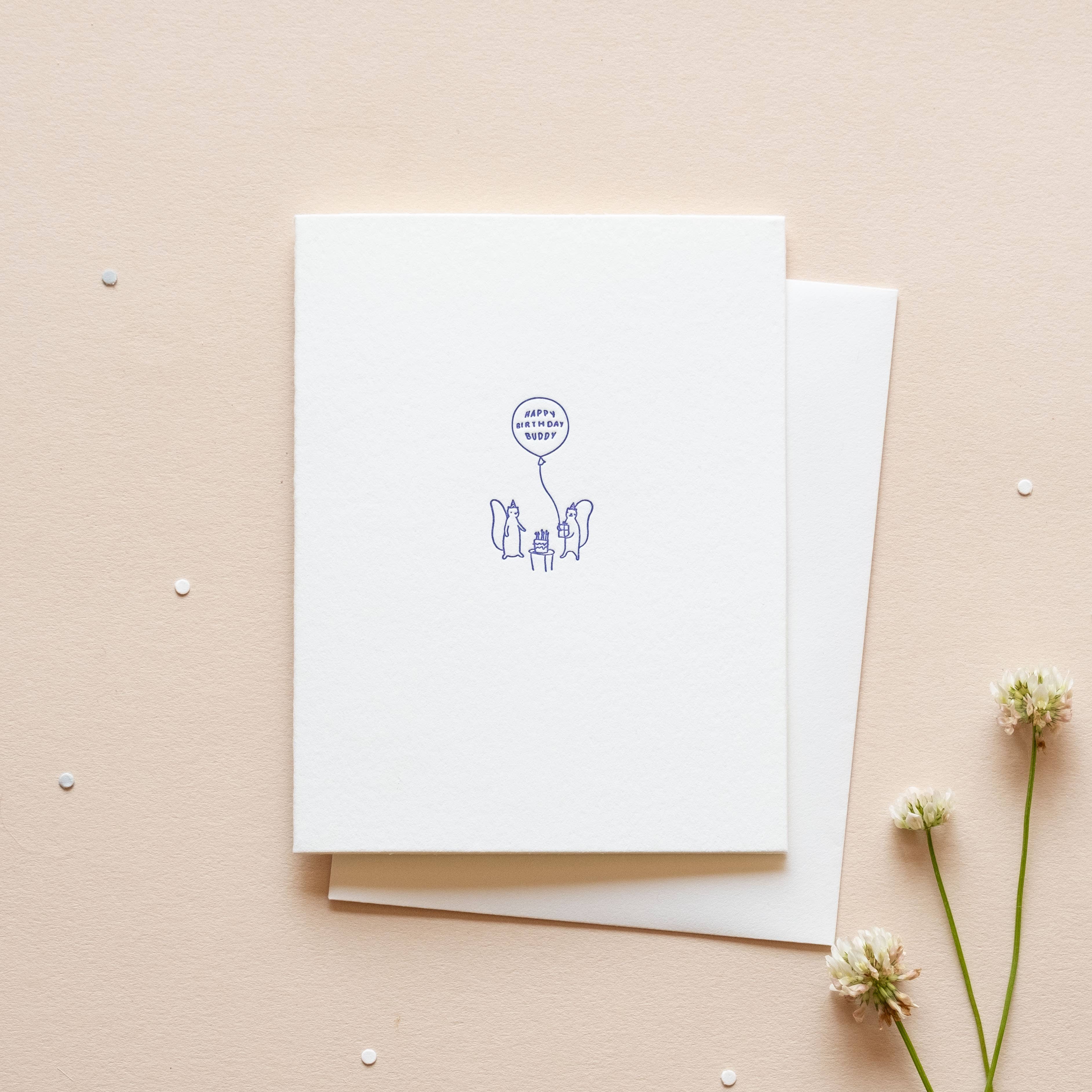 Homework Letterpress Studio – wholesale Birthday card – Birthday Buddy | Squirrel Friends | Lettepress Card1