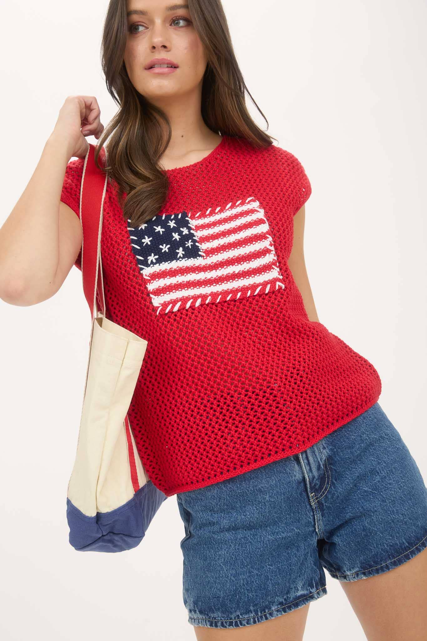 Blu Pepper - Wholesale Knit Sweater - Women's - AMERICAN FLAG CROCHET KNIT SWEATER TOP25