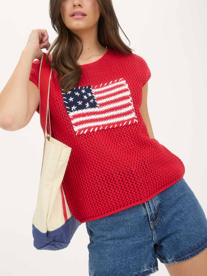 Blu Pepper - Wholesale Knit Sweater - Women's - AMERICAN FLAG CROCHET KNIT SWEATER TOP25