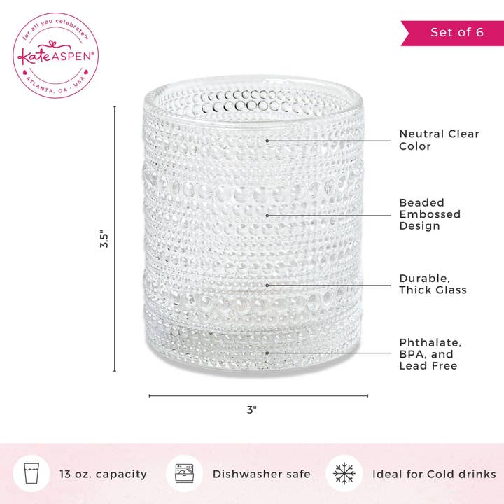 Kate Aspen - Wholesale Drinking Glass/Cup - 10 oz Textured Beaded Clear Old Fashion Drinking Glasses 6pc