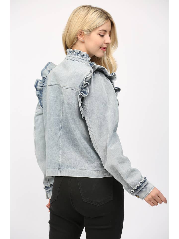 RUFFLE DETAIL WASHED DENIM JACKET FJ75137 for wholesale on Faire