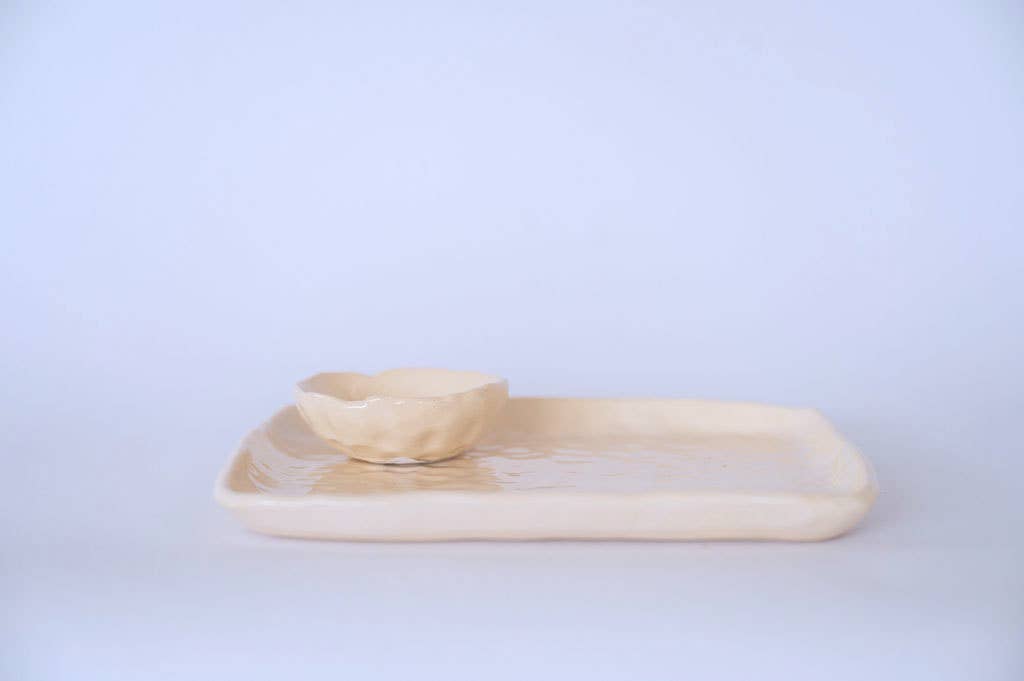 Semear - Vente Assiette - Assiette à sushi écrue avec empreintes digitales uniques2