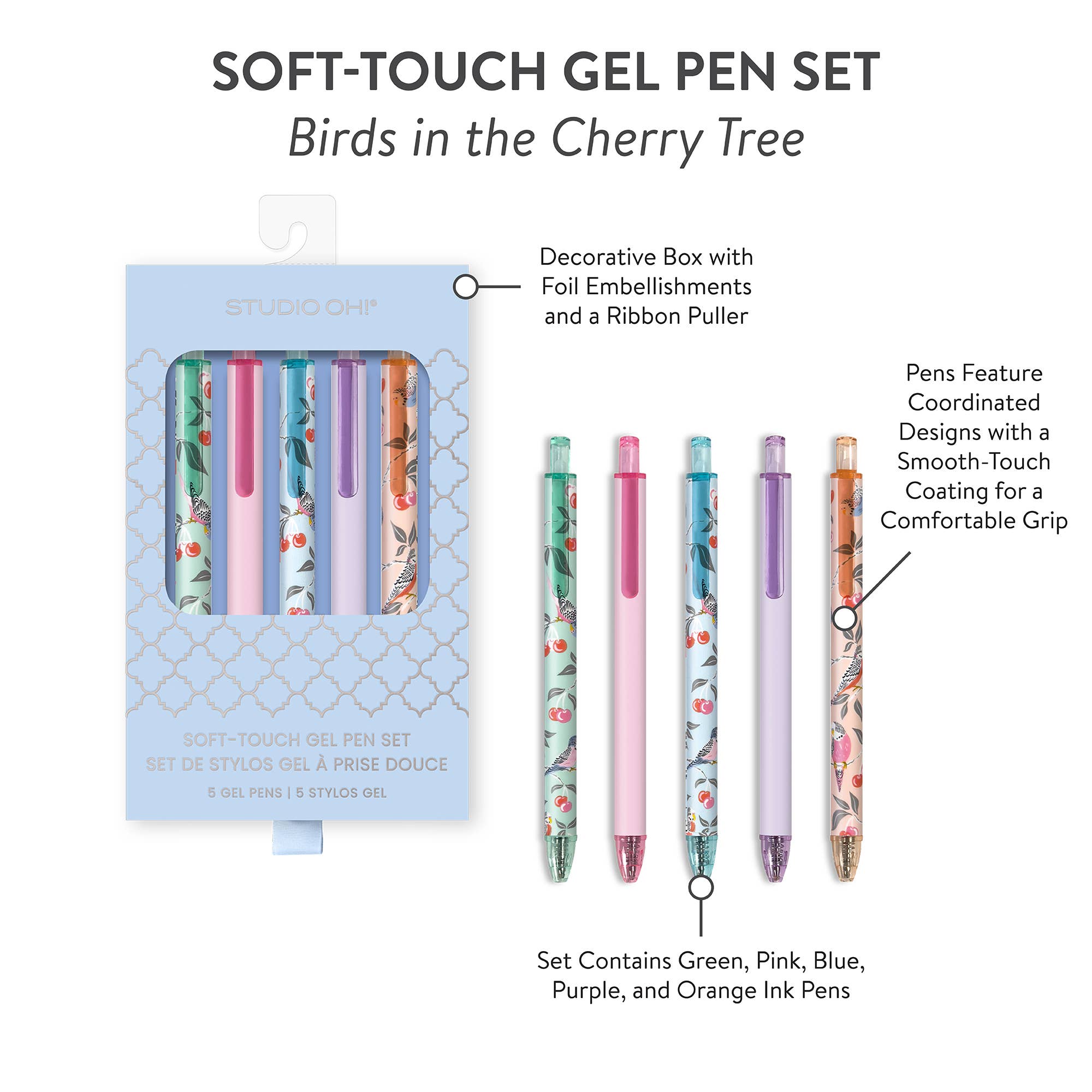 Studio Oh! - Wholesale Pen - Birds in the Cherry Tree Soft-Touch Gel Pen Set2