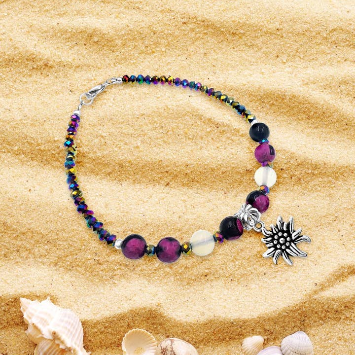 BESHEEK JEWELRY – Großhandel Fußkettchen – Handgefertigtes Perlen-Fußkettchen aus Kalsilikasteinen mit Blumenmotiv in Rosa und Schwarz1