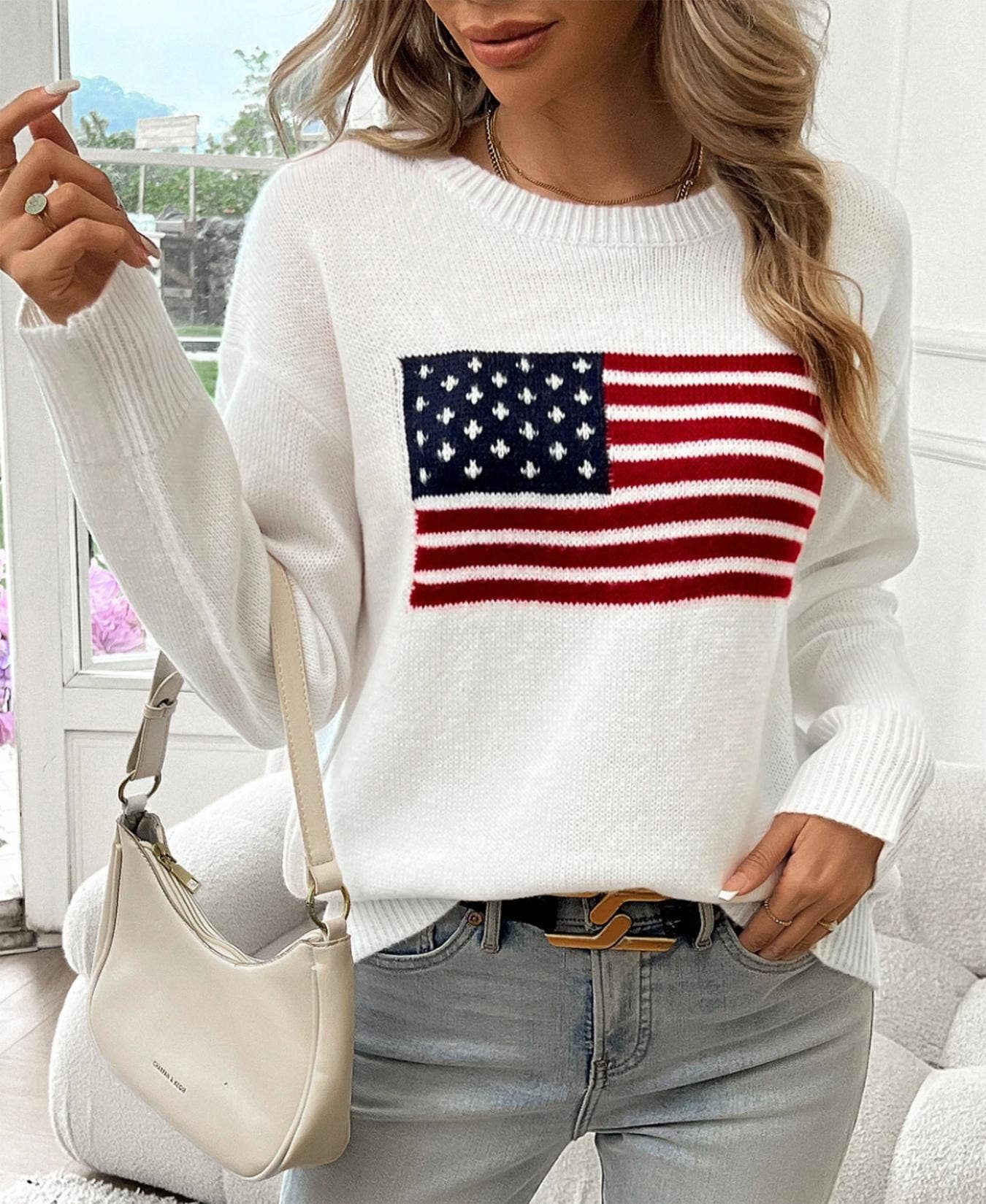 HIDDENBRAND - Wholesale Knit Sweater - Women's - Jacquard knit American flag sweater9
