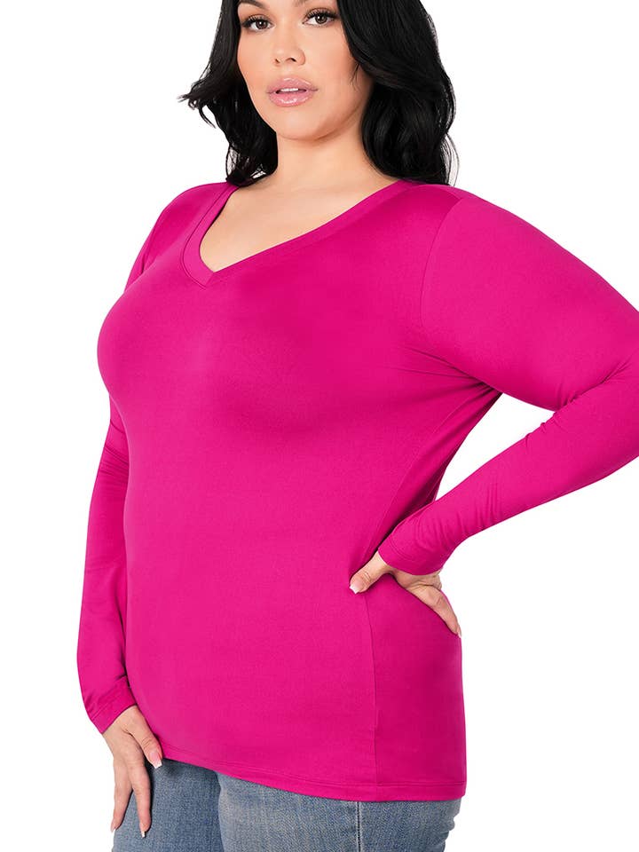 Plus Size Brushed Microfiber Long Sleeve V-neck Tee for wholesale by Vanilla Monkey