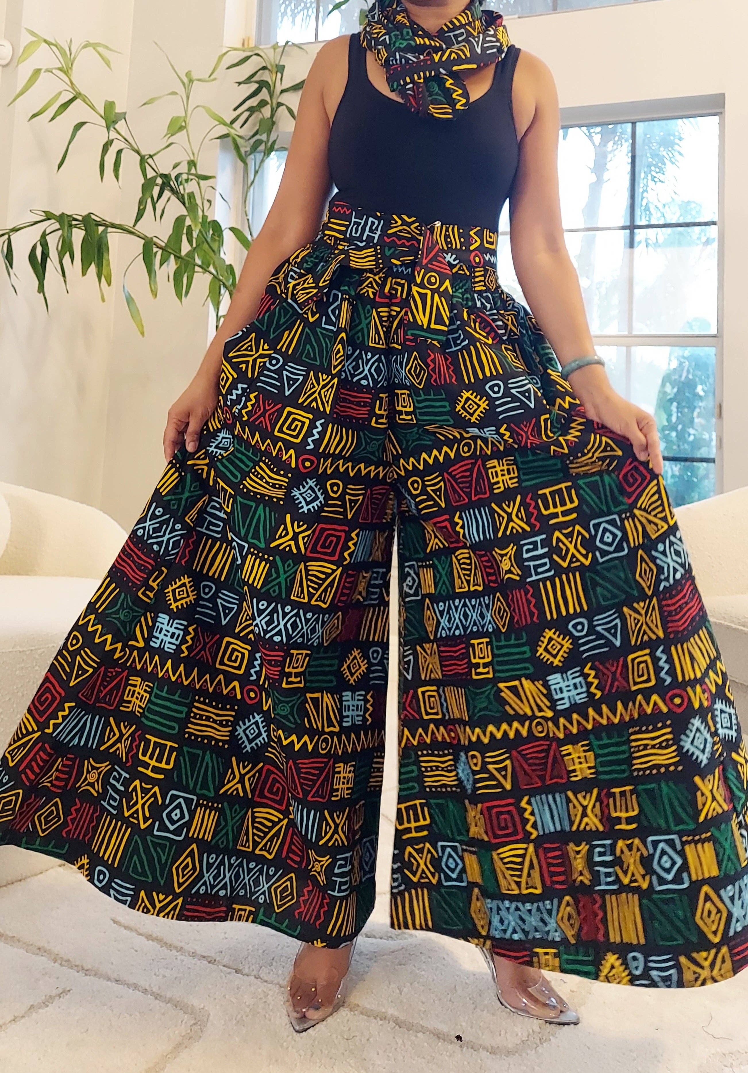 India Batik - Vente Ensemble haut et pantalon (PAS d'intérieur) - Femme - Pantalon Palazzo et chemisier cache-cœur - Noir/Rasta12