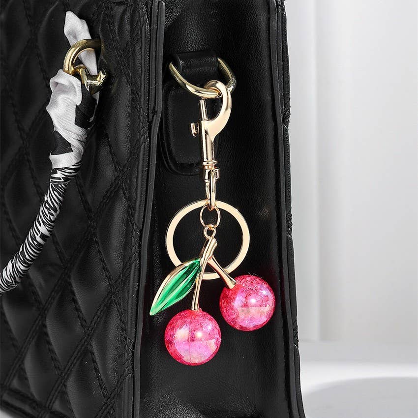JOSSLYN by wall to wall - Wholesale Keychain - Women's - PEARLIE CHERRY DROP WITH LEAF KEYCHAIN BAG CHARM | 40KC1434