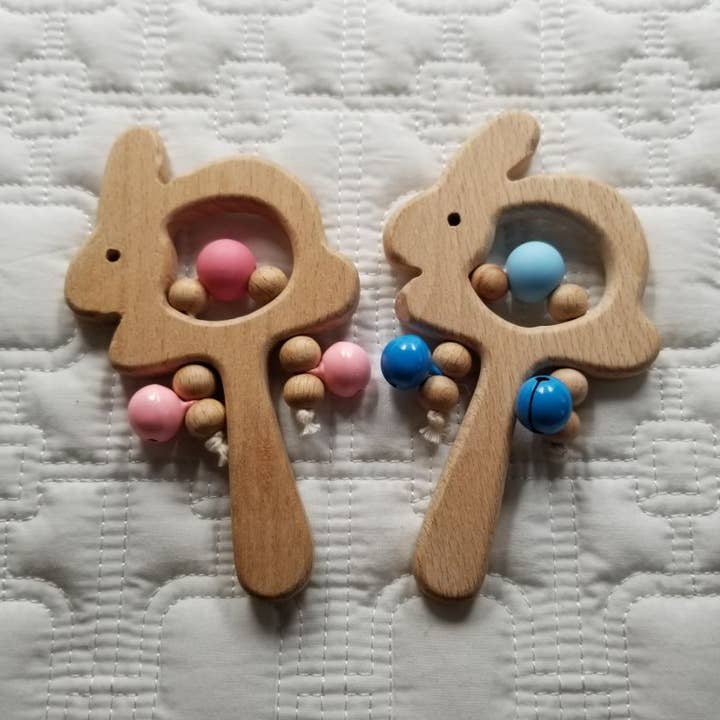 Wooden Bunny Baby Rattle Bell Rattle for wholesale by D & C TOYS