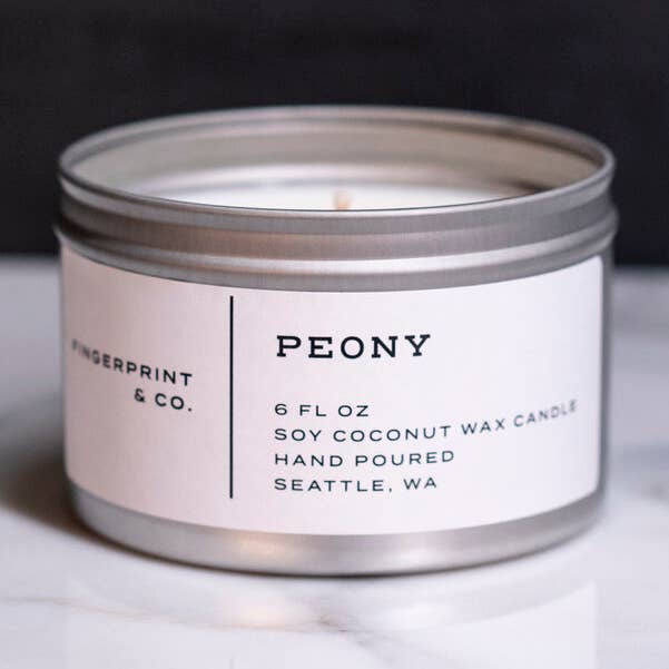 Candela di soia alla peonia da 6 once per la vendita all'ingrosso da parte di Fingerprint & Co