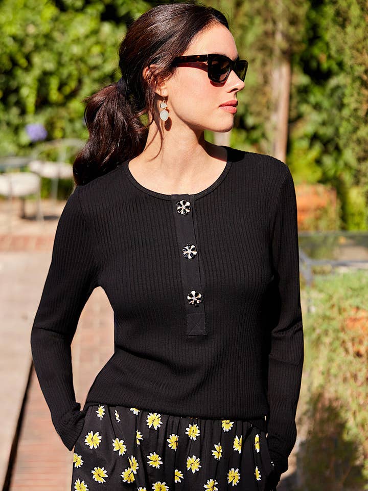 Long Sleeve Ribbed Flower Button Detail Top for wholesale by Karen Kane