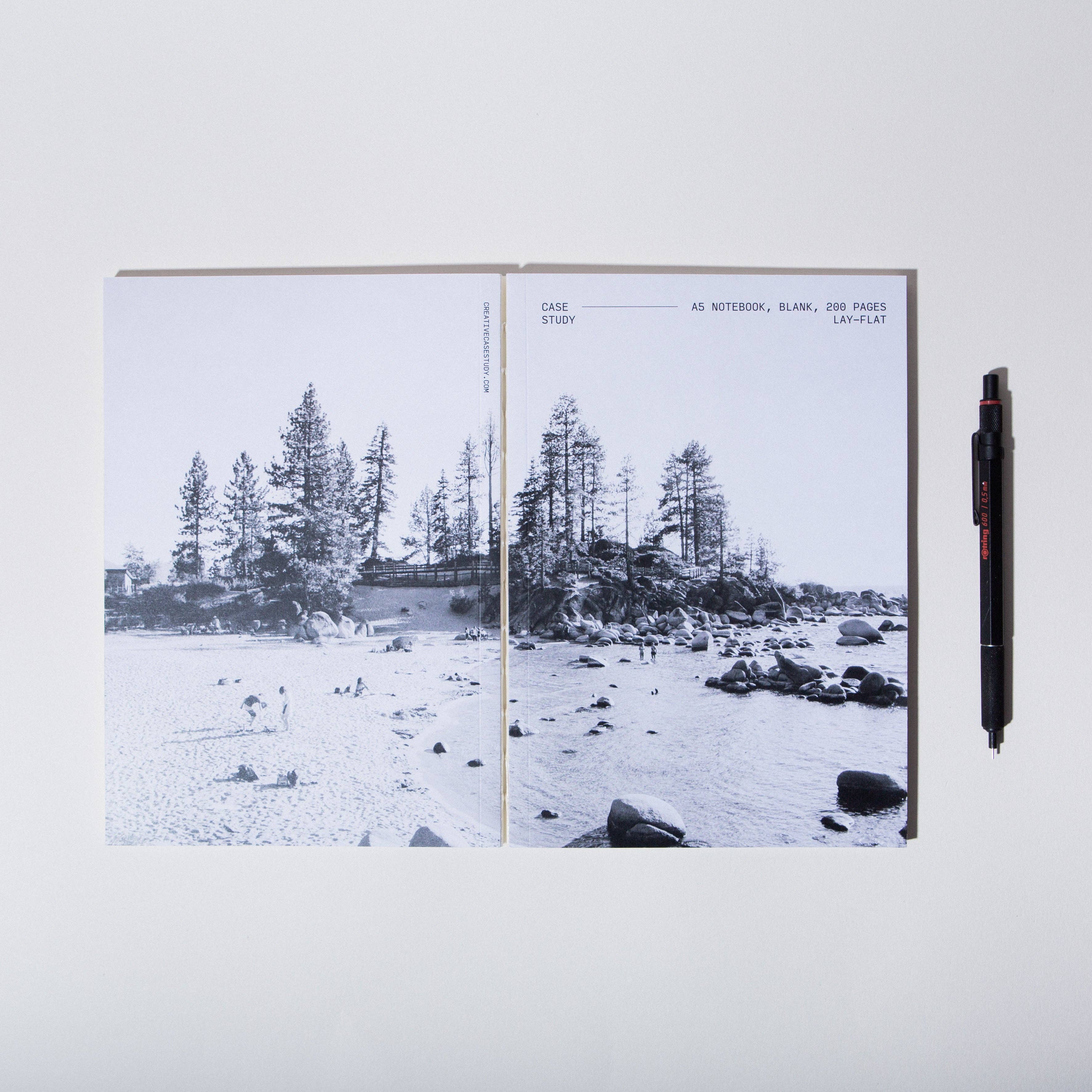 Case Study - Wholesale Notebook - Minimal Layflat Notebook – A5 Blank Journal with Exposed Binding & Photo Cover of an Alpine Lake1