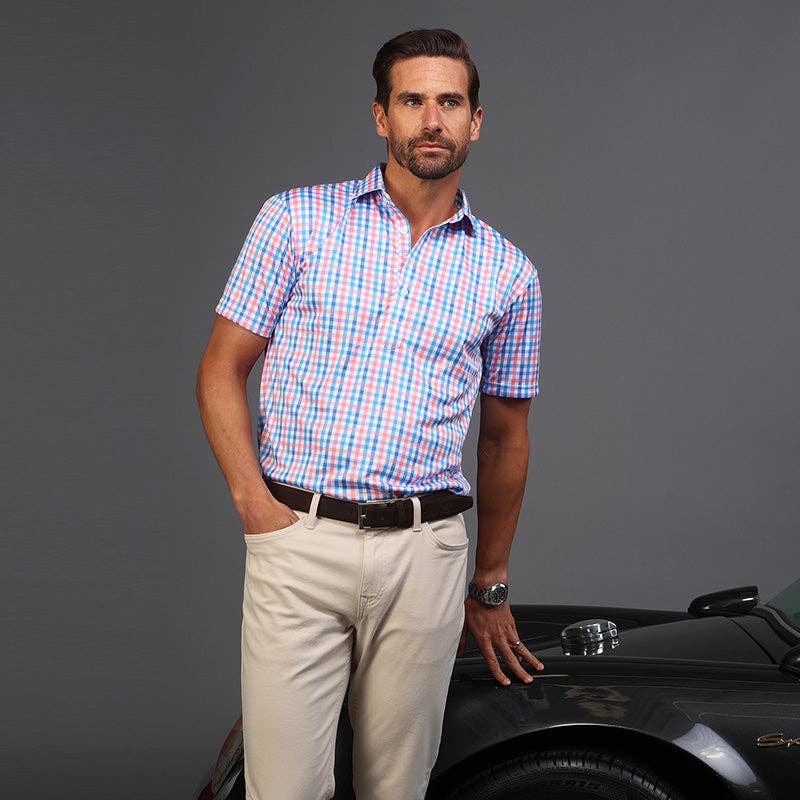 Collars & Co. - Wholesale Polo - Men's - Semi-Spread Collar Polo Nantucket Blue and Pink Gingham4