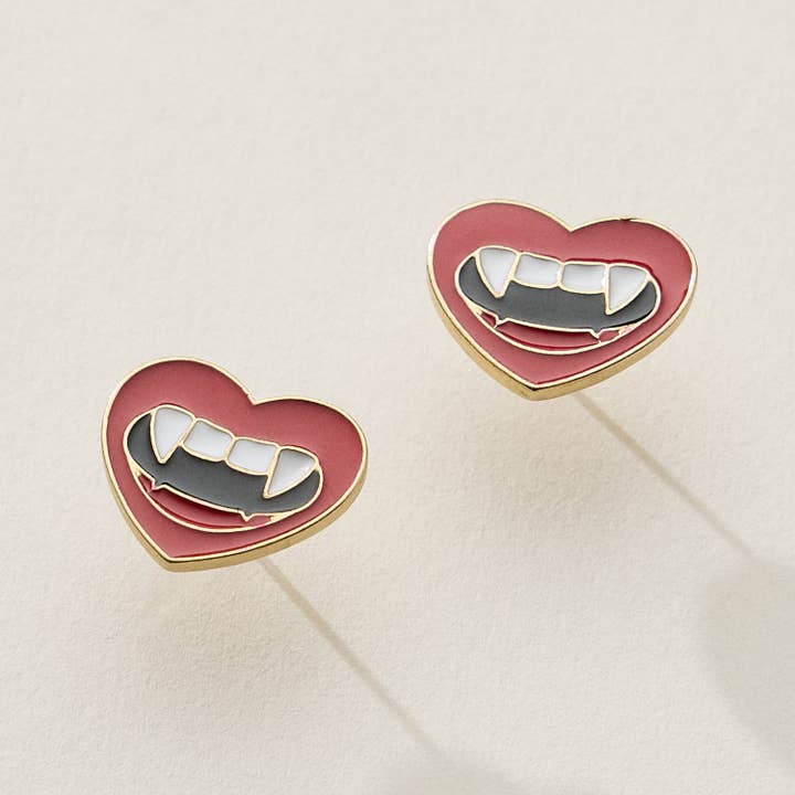 GD Heart Stud Earrings with Vampire Fangs for wholesale on Faire4