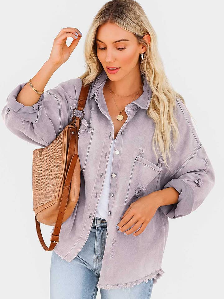 Veste en jean à manches longues avec boutons pour femmes, effet usé pour la vente par Sweetkama