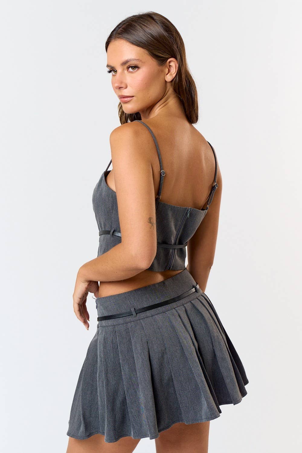 Blue Blush - Wholesale Top & Skirt Set - Women's - IBS31066 Belted Top and Pleated Mini Skirt Set9