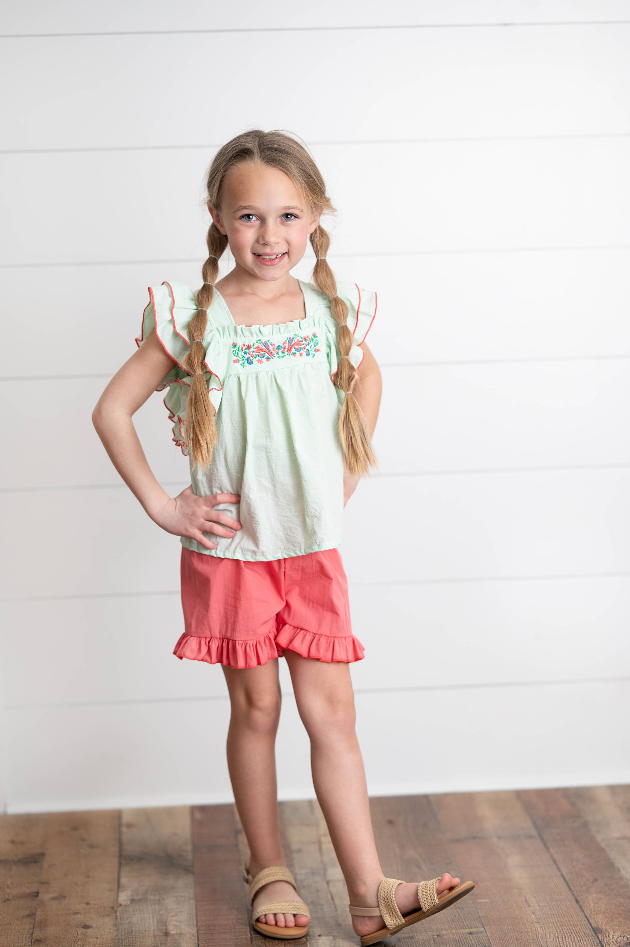 Wren & James - Wholesale Top & Short Set - Kids - Girls Embroidered Mint Ruffle Top & Pink Short Set