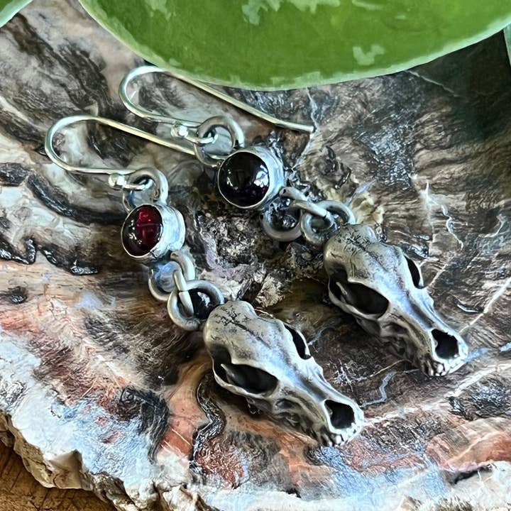 Garnet Wolf Skull Dangle Earrings for wholesale by Smith & Stone Co.