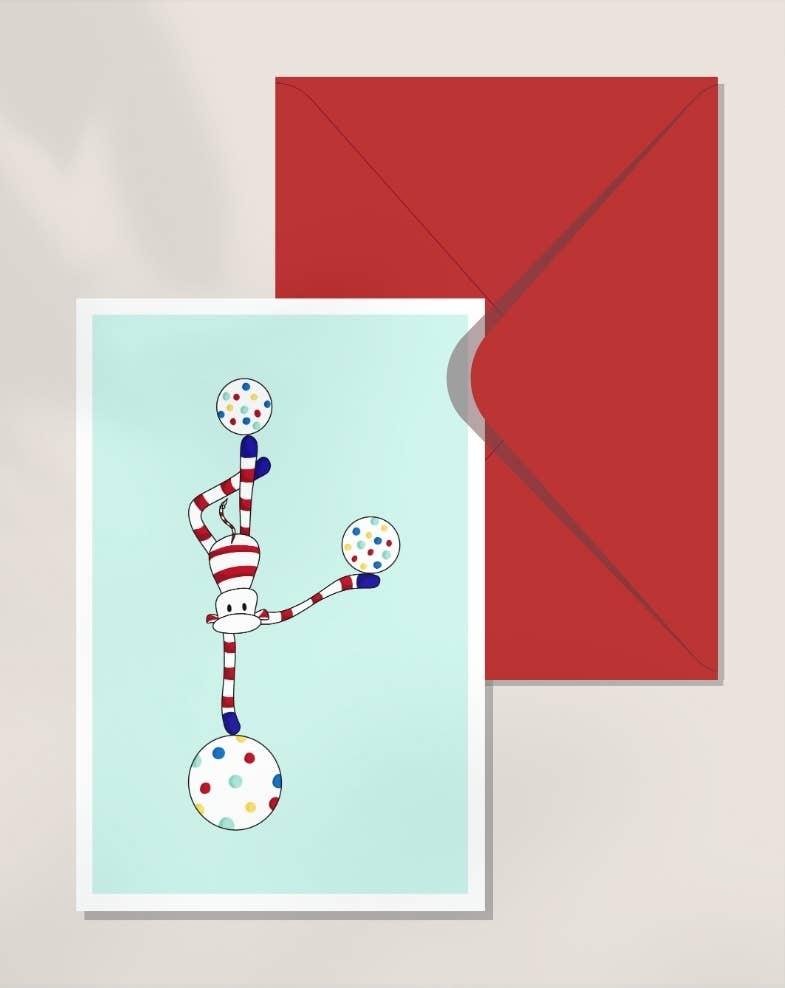 Monsieur Chaussette - Wholesale Birthday Card - Double card - Green Equilibrist Circus0