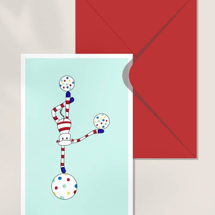 Monsieur Chaussette - Wholesale Birthday Card - Double card - Green Equilibrist Circus