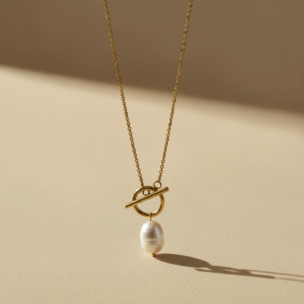 Gold Lunar - Wholesale Pendant/Charm Necklace - T Bar & Pearl Drop Necklace 18k Gold Plated Modern Jewellery1