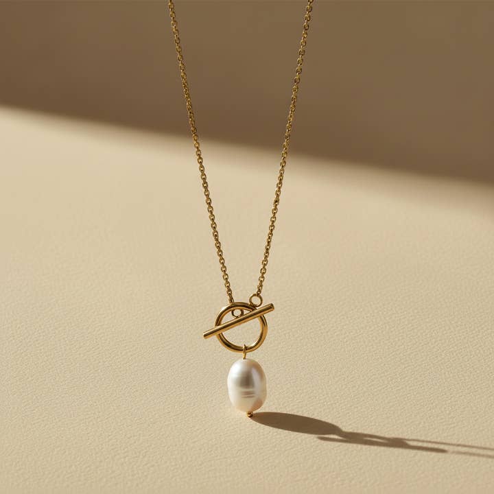 Gold Lunar - Wholesale Pendant/Charm Necklace - T Bar & Pearl Drop Necklace 18k Gold Plated Modern Jewellery1