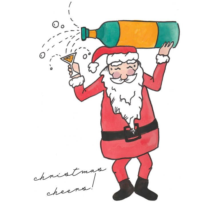 Christmas Cheers Card - santa, bubbly, champagne, retro for wholesale by Kerry Quinn's Kitsch