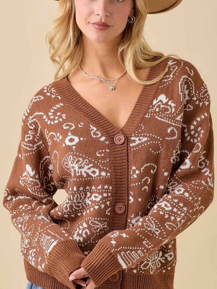 Boho Graphic Knit Cardigan – Cozy Brown Winter Layer for wholesale by Main Strip