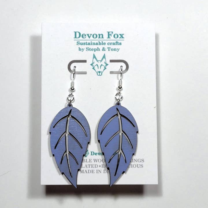 Wooden Wild Cherry Leaf Earrings - Handmade in Devon for wholesale by Devon Fox