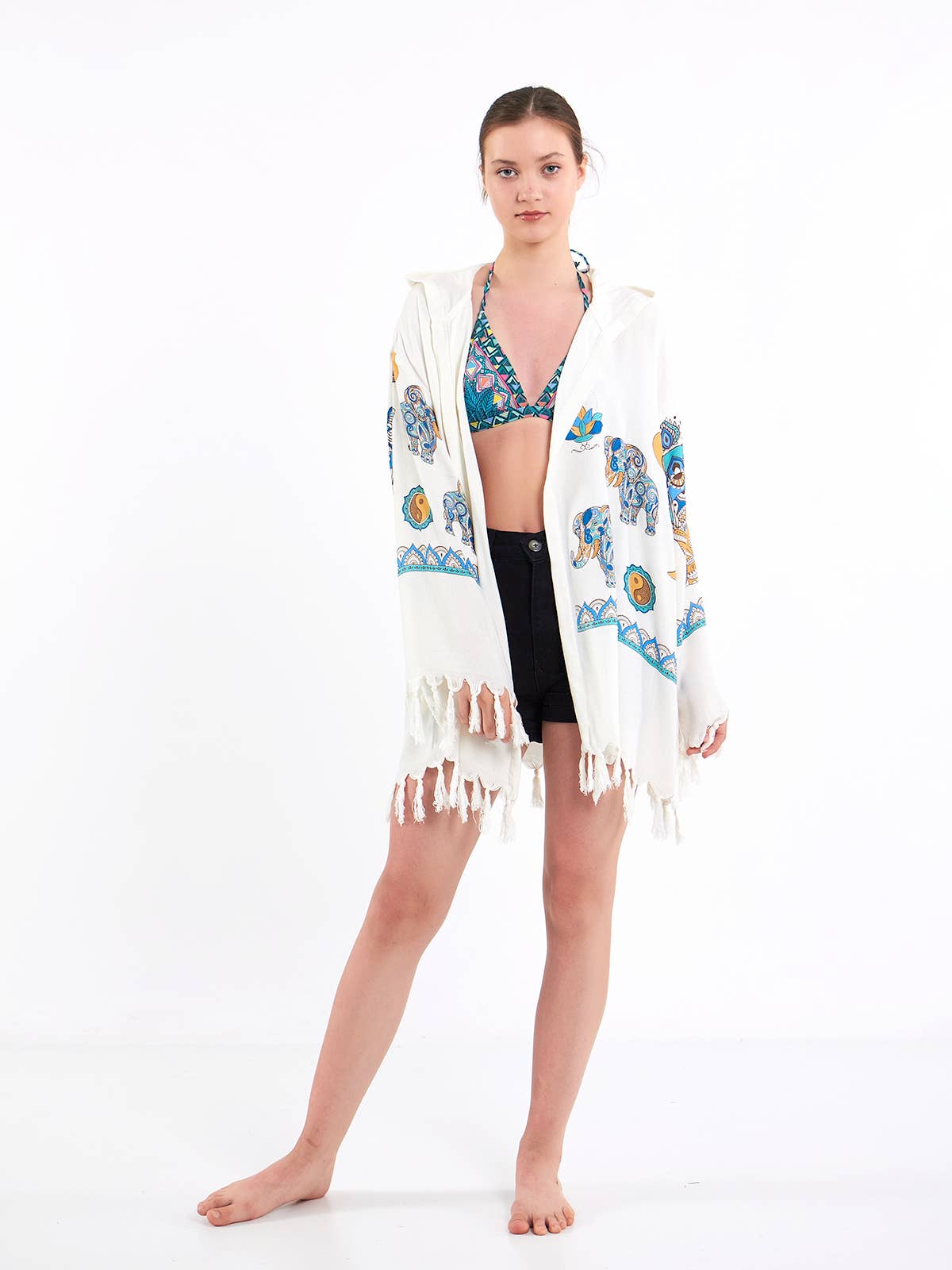 Yaz Concepts - Wholesale Beach Towel - Elephant and Yin Yang Hooded Pareo Wrap Short Turkish Robe4