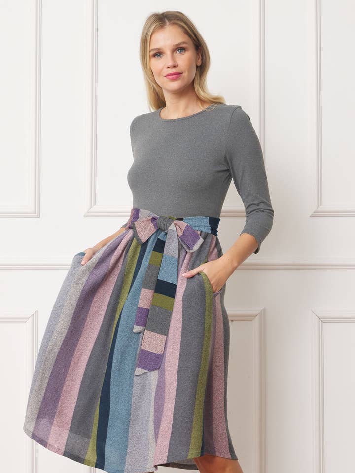 Plus Quarter Sleeve Stripe Sash Midi Klänning för wholesale av EG fashion