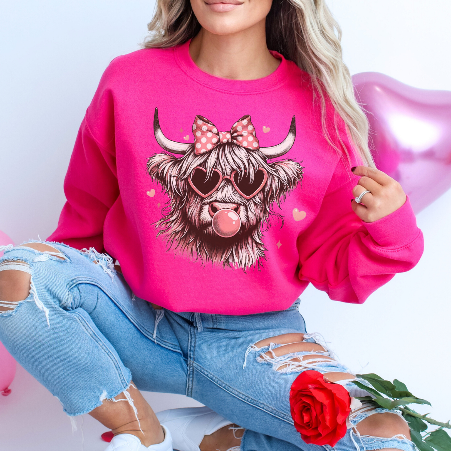 ATTA TOOD Wholesale - Wholesale Graphic Sweatshirt - Women's - Highland cow Valentine women's graphic sweatshirt, Pink bow 4