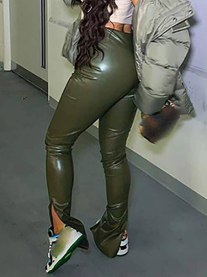 Flarix - Wholesale Pants - Women's - high waist pu leather slit bootcut pants