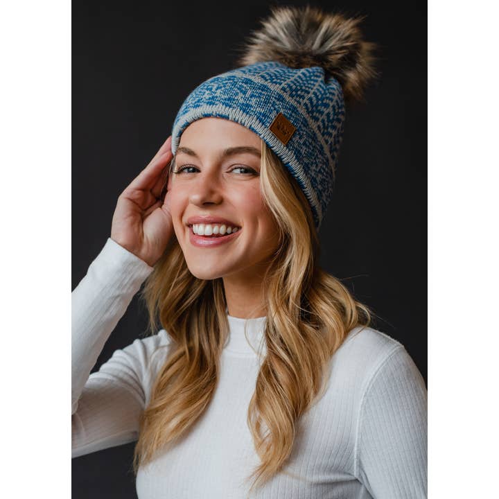 Panache Apparel Co. - Wholesale Beanie - Women's - Blue & Lt. Gray Patterned Pom Hat