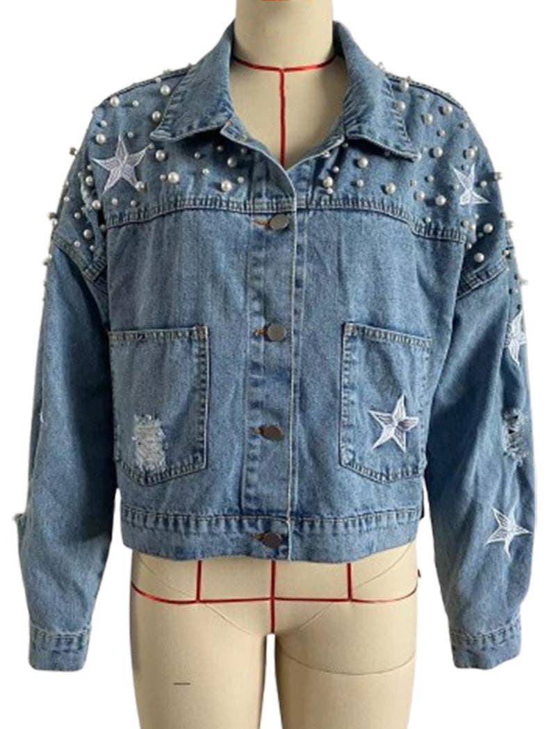 safistyle – Großhandel Jeansjacke – Damen – Denim-Crop-Jacke mit Kunstperlen besetzt0