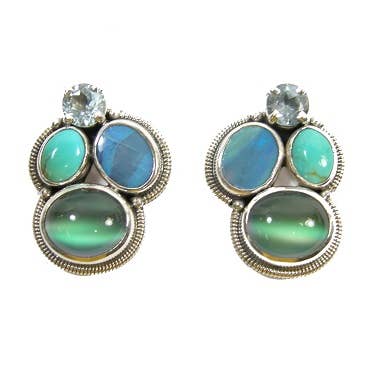 Boulder Opal Moonstone Cluster Sterling Silver Earring for wholesale by Amy Kahn Russell