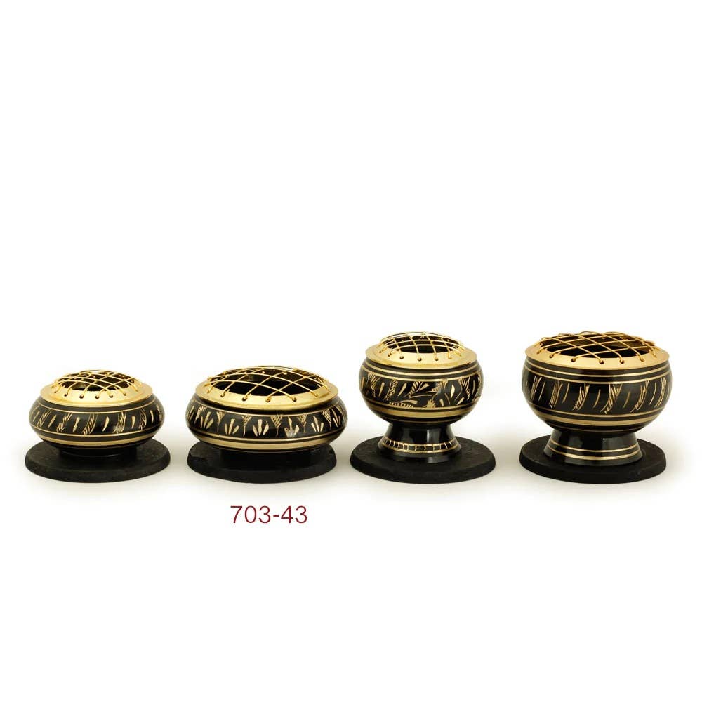 Prabhuji's Gifts – wholesale Incense holder – Burner - Black Brass Burner, Low Base, Fern Engraving, Net Top 1.25"Hx2.75"D3