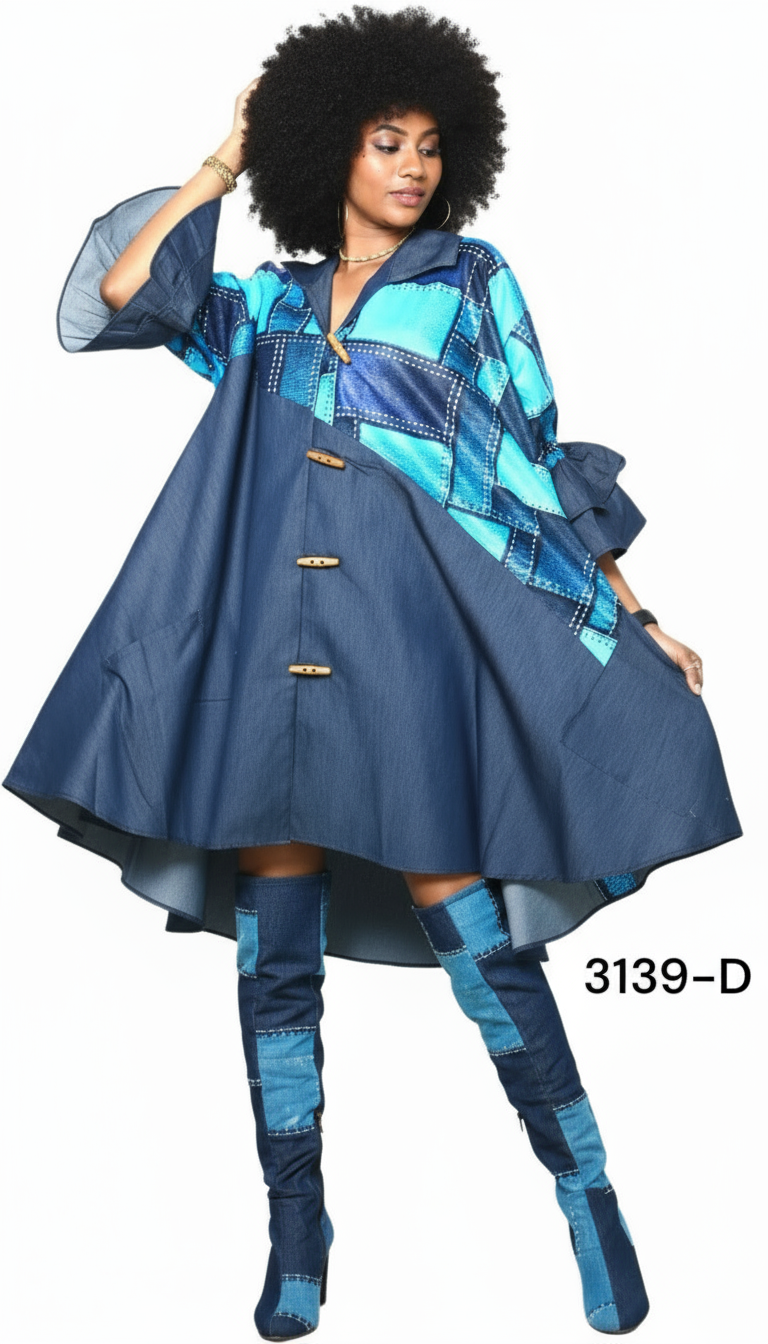 India Batik - Wholesale Dress - Women's - Denim Shirt Dress with Ankara African Print 3139-D0