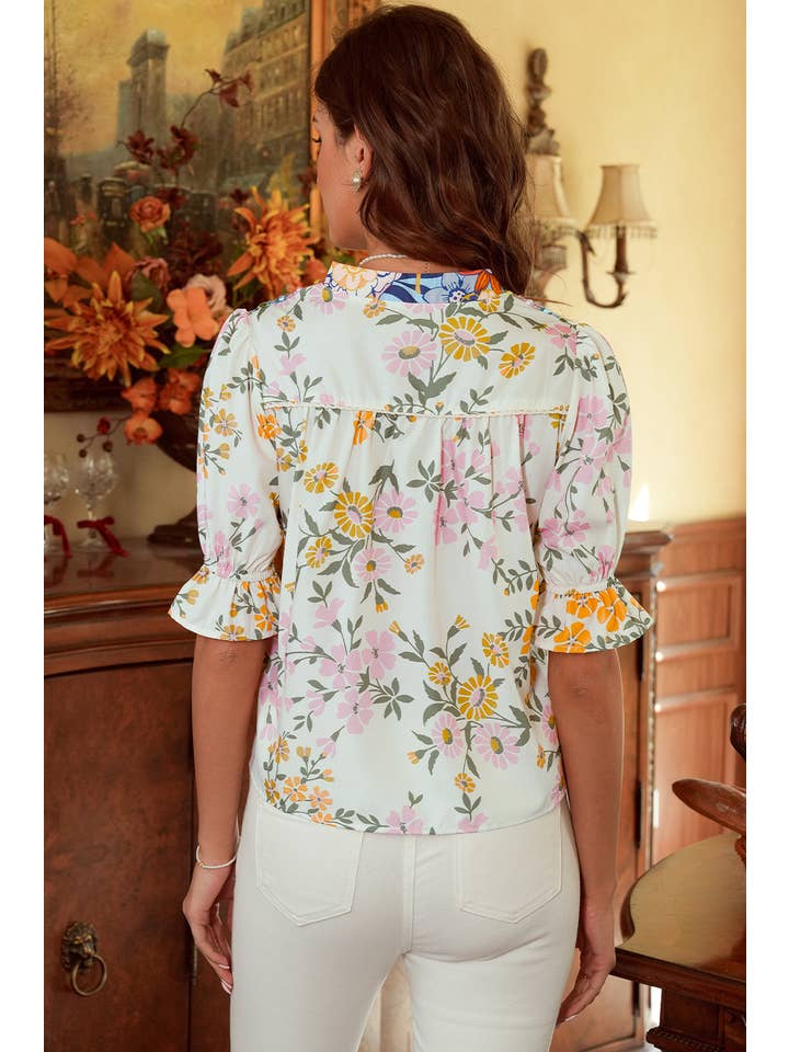 Multi Colored V Neck Half Sleeve Boho Floral Blouse for wholesale on Faire