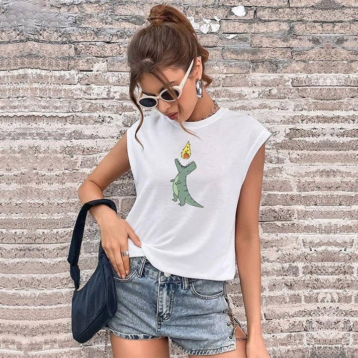 Crewneck Sleeveless Cartoon Printed Casual Loose Tshirts for wholesale by Sheer Trend