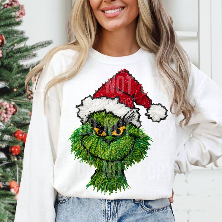 Grinch Faux Yarn DTF Print for wholesale by 6:19 Creative