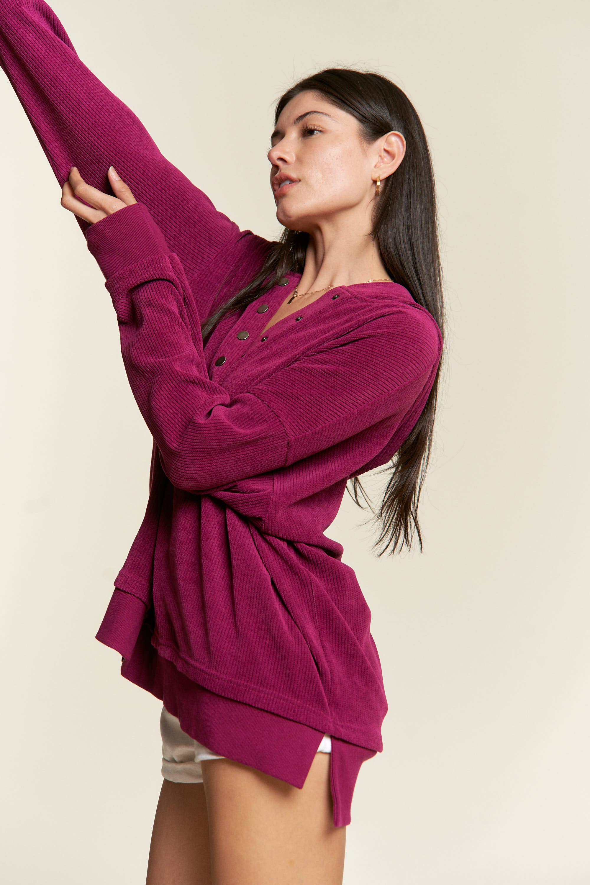 JADE BY JANE - Vente Sweat à capuche – femme - Sweat-shirt à capuche côtelé boutonné à manches longues JJT50705